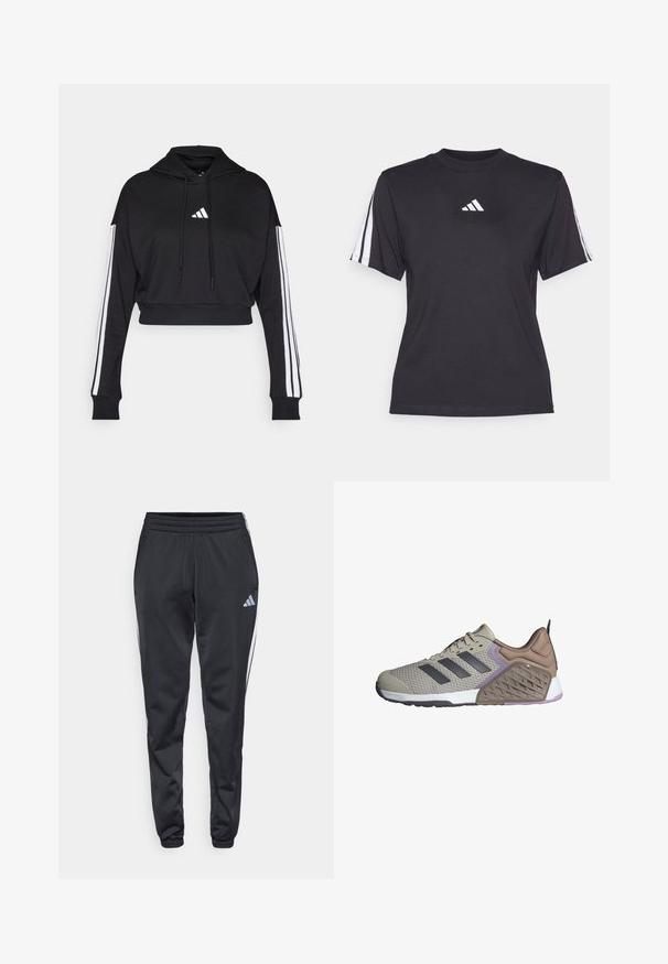 Hoodie court noir avec une poche kangourou à l'avant, des cordons de serrage ajustables et des accents blancs à trois bandes sur les manches. Comprend un logo.; T-shirt de sport noir en tissu doux, avec un col rond, des manches courtes et trois rayures blanches sur chaque épaule. Logo blanc sur la poitrine.; Pantalons de sport noirs avec une taille élastique, des jambes effilées et des bandes latérales blanches. Présente un petit logo gris en forme de trèfle sur la cuisse gauche.; Baskets de sport beiges avec des accents gris, dessus en maille texturée, col rembourré, et semelle à double densité avec un design à motifs et des détails violets.