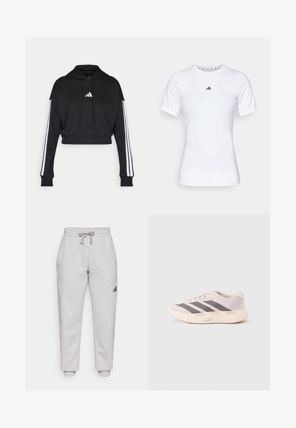 Sudadera corta negra con bolsillo tipo canguro frontal, cordones ajustables y acentos de tres rayas blancas en las mangas. Presenta un logo.; Camiseta deportiva blanca de manga corta, hecha de una tela suave y elástica. Presenta un pequeño logo negro de Adidas en el pecho.; Pantalones de chándal gris claro con cintura elástica y cordón. Tobillos ajustados. Detalle de logo negro en la pierna izquierda. Material de algodón suave.; Zapatillas deportivas ligeras en rosa pálido y gris, con una parte superior de malla, tres franjas oscuras y una suela gruesa color crema con la etiqueta "LIGHTSTRIKE PRO".