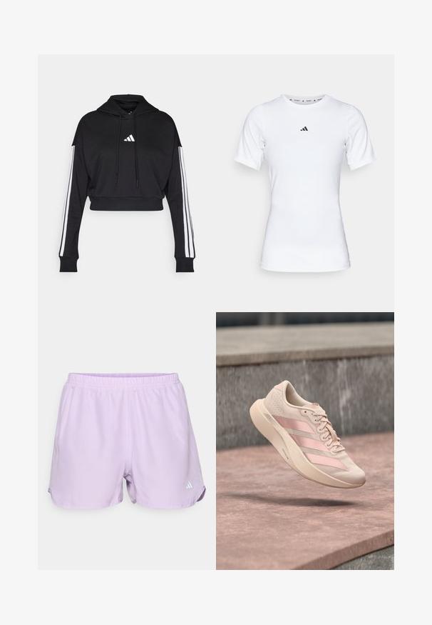Μαύρο κοντό hoodie με μπροστινή τσέπη καγκουρό, ρυθμιζόμενα κορδόνια και λευκές τρεις ρίγες στα μανίκια. Περιλαμβάνει λογότυπο.; Λευκό αθλητικό μπλουζάκι με κοντά μανίκια, φτιαγμένο από λείο, ελαστικό ύφασμα. Διαθέτει το μικρό μαύρο λογότυπο της Adidas στο στήθος.; Λιλά αθλητικά σορτς με ελαστική μέση, ύφασμα που απορροφά την υγρασία, και ένα μικρό λευκό λογότυπο στη κάτω δεξιά πλευρά.; Ασπρουχρό ροζ αθλητικό παπούτσι με τρεις πιο σκούρες ροζ ρίγες και κορδόνια, κρεμασμένο στον αέρα πάνω από μια πέτρινη επιφάνεια και σκαλιά στο φόντο.