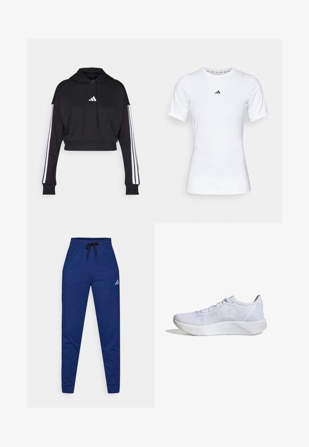 Zwarte cropped hoodie met een voorste kangaroo zak, verstelbare trekkoorden en witte drie-strepen accenten op de mouwen. Bevat een logo.; Witte sportshirt met korte mouwen, gemaakt van zachte, rekbare stof. Voorzien van een klein zwart Adidas-logo op de borst.; Blauwe katoenen joggers met een elastische tailleband, een verstelbare zwarte trekkoord en een klein wit logo op de linker dij. Aansluitend ontwerp.; Witte sportieve schoen met een ademend mesh bovenwerk, vetersluiting, gevoerde kraag en een gestructureerde rubberen zool voor grip.