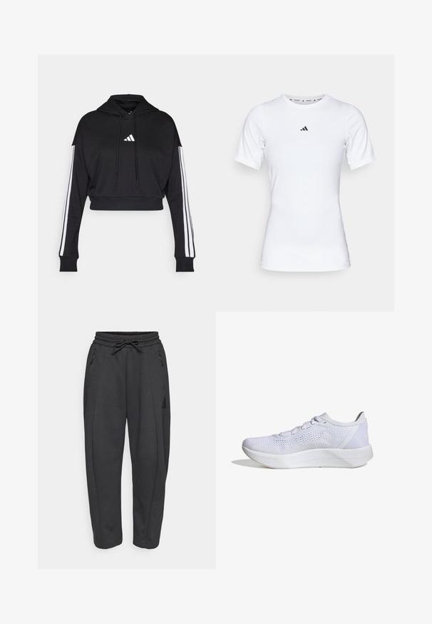 Sort cropped hoodie med en frontkangaroo-lomme, justerbare snore og hvide tre-stribe accenter på ærmerne. Har logo.; Hvid atletisk skjorte med korte ærmer, lavet af glat, strækbart stof. Har et lille sort Adidas-logo på brystet.; Sorte træningsbukser med elastisk talje, snor, sidelommer med lynlås og tapered ben. Fremstillet af et blødt, struktureret stof.; Hvide sportssko med en åndbar mesh-overdel, snørebåndsdesign, polstret krave og en struktureret gummisål for bedre greb.