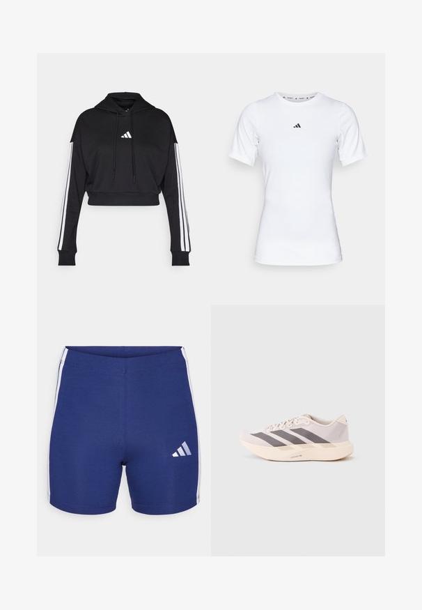 Sort cropped hoodie med en frontkangaroo-lomme, justerbare snore og hvide tre-stribe accenter på ærmerne. Har logo.; Hvid atletisk skjorte med korte ærmer, lavet af glat, strækbart stof. Har et lille sort Adidas-logo på brystet.; Mørkeblå sportsshorts lavet af strækbart stof med hvide sidestriber og et reflekterende Adidas-logo på venstre ben.; Letvægts atletiksneakers i lyserød og grå, med en mesh-overdel, tre mørke striber og en tyk cremefarvet sål mærket "LIGHTSTRIKE PRO."