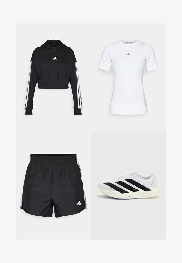 Zwarte cropped hoodie met een voorste kangaroo zak, verstelbare trekkoorden en witte drie-strepen accenten op de mouwen. Bevat een logo.; Witte sportshirt met korte mouwen, gemaakt van zachte, rekbare stof. Voorzien van een klein zwart Adidas-logo op de borst.; Zwarte sportshorts met een elastische tailleband, zijsplitten en witte drievoudige strepenaccenten. Bevat een klein wit logo op de rechteronderkant.; Witte hardloopschoen met zwart drie-strepen ontwerp aan de zijkant en dikke witte zool met label "Lightstrike Pro" op een effen achtergrond.