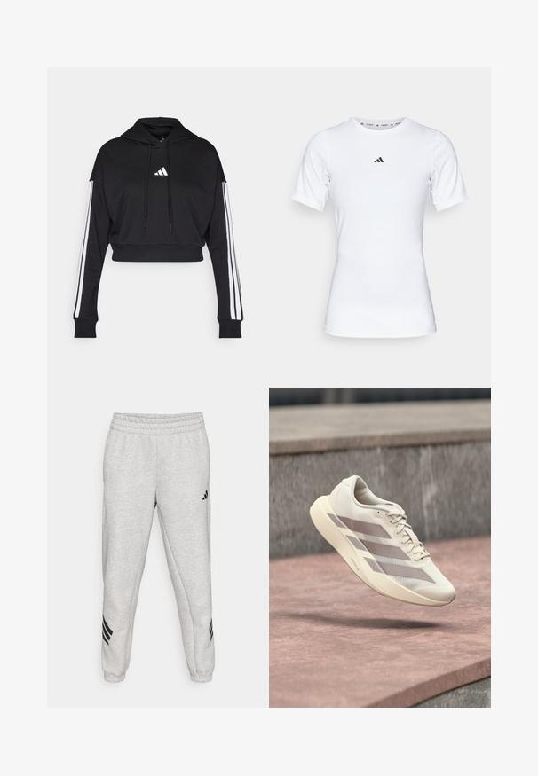Zwarte cropped hoodie met een voorste kangaroo zak, verstelbare trekkoorden en witte drie-strepen accenten op de mouwen. Bevat een logo.; Witte sportshirt met korte mouwen, gemaakt van zachte, rekbare stof. Voorzien van een klein zwart Adidas-logo op de borst.; Lichtgrijze sweatpants met een geribbelde elastische tailleband, taps toelopende pijpen en drie zwarte diagonale strepen nabij de manchetten. Soepele textuur.; Roomkleurige hardloopschoen met taupekleurige strepen, zwevend boven een roodbruine betegelde ondergrond en een grijze stenen achtergrond.
