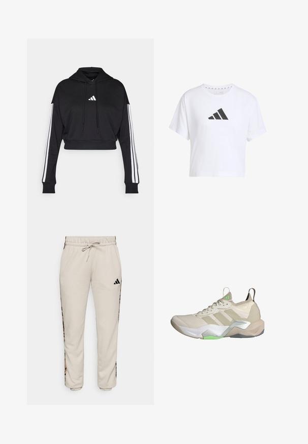 Zwarte cropped hoodie met een voorste kangaroo zak, verstelbare trekkoorden en witte drie-strepen accenten op de mouwen. Bevat een logo.; Witte cropped t-shirt van katoen met een zwart logo met drie strepen aan de voorkant, met korte mouwen en een ronde halslijn.; Lichtbeige sweatpants van zacht materiaal, met een trekkoord in de taille en zwarte zijpanelen met een luipaardpatroon.; Beige sportieve schoen met mesh bovenwerk, drie witte strepen, groene accenten en een gestructureerde zool. Heeft een instaplus op de hiel en lichte demping.