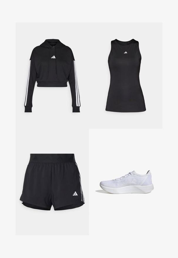 Sort cropped hoodie med en frontkangaroo-lomme, justerbare snore og hvide tre-stribe accenter på ærmerne. Har logo.; Sort ærmeløs atletisk top lavet af glat stof. Har en rund halsudskæring og et lille hvidt Adidas-logo på brystet.; Sorte sport shorts med elastisk talje, der har et tekstureret bånd, sidestreger og et hvidt Adidas-logo på den nederste kant.; Hvide sportssko med en åndbar mesh-overdel, snørebåndsdesign, polstret krave og en struktureret gummisål for bedre greb.