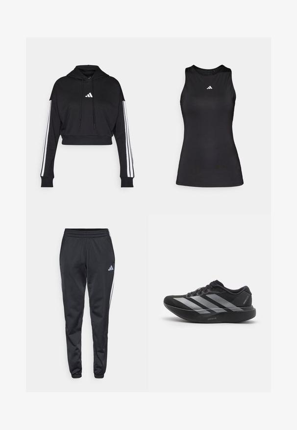 Hoodie court noir avec une poche kangourou à l'avant, des cordons de serrage ajustables et des accents blancs à trois bandes sur les manches. Comprend un logo.; Débardeur de sport noir sans manches en tissu lisse. Il présente un col rond et un petit logo Adidas blanc sur la poitrine.; Pantalons de sport noirs avec une taille élastique, des jambes effilées et des bandes latérales blanches. Présente un petit logo gris en forme de trèfle sur la cuisse gauche.; Chaussure de course noire avec des rayures argentées, semelle épaisse rembourrée étiquetée "Lightstrike Pro," vue de côté sur fond blanc.