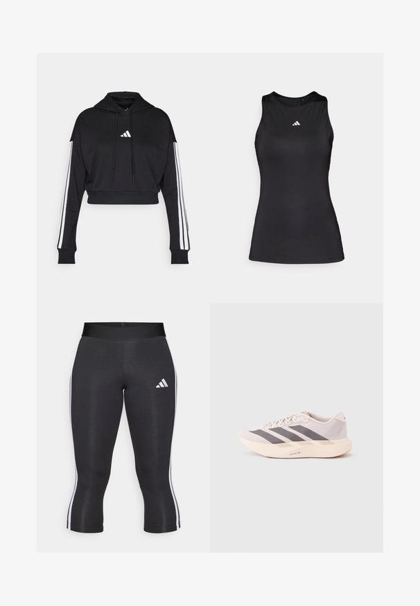 Sort cropped hoodie med en frontkangaroo-lomme, justerbare snore og hvide tre-stribe accenter på ærmerne. Har logo.; Sort ærmeløs atletisk top lavet af glat stof. Har en rund halsudskæring og et lille hvidt Adidas-logo på brystet.; Sorte capri leggings med en bred talje, udstyret med hvide sideløsninger og et hvidt Adidas-logo på venstre lår. Glat tekstur.; Letvægts atletiksneakers i lyserød og grå, med en mesh-overdel, tre mørke striber og en tyk cremefarvet sål mærket "LIGHTSTRIKE PRO."