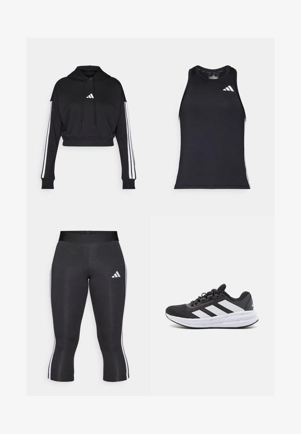 Sudadera corta negra con bolsillo tipo canguro frontal, cordones ajustables y acentos de tres rayas blancas en las mangas. Presenta un logo.; Top atlético negro de corte ajustado, fabricado en un material sintético suave, con el logo blanco de Adidas y detalles en los lados.; Leggings capri negros con una cinturilla ancha, que cuentan con franjas laterales blancas y un logo de Adidas en blanco en el muslo izquierdo. Textura suave.; Zapatilla deportiva negra con un upper de tela texturizada, que presenta tres rayas blancas en el lateral, una entresuela blanca y una suela de goma.
