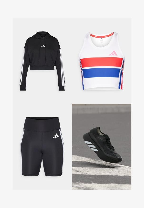 Hoodie court noir avec une poche kangourou à l'avant, des cordons de serrage ajustables et des accents blancs à trois bandes sur les manches. Comprend un logo.; Débardeur de sport coupé en blanc avec des rayures horizontales rouges et bleues. Présente un logo adidas rose, un col rond et une texture de tissu lisse.; Shorts de sport noirs avec une taille haute, rayures blanches sur les côtés et un petit logo blanc. Tissu lisse avec une coupe ajustée.; Chaussure de course noire avec des bandes blanches sur la semelle, flottant au-dessus de l'asphalte avec des marquages routiers blancs, soulevant de petits débris.