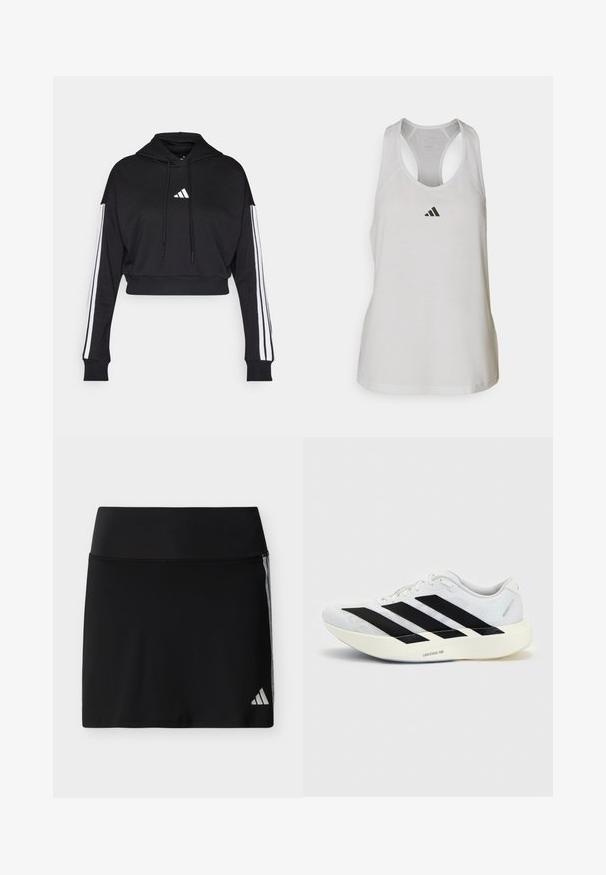 Μαύρο κοντό hoodie με μπροστινή τσέπη καγκουρό, ρυθμιζόμενα κορδόνια και λευκές τρεις ρίγες στα μανίκια. Περιλαμβάνει λογότυπο.; Λευκή αθλητική αμάνικη μπλούζα φτιαγμένη από ελαφρύ ύφασμα, με σχέδιο racerback και ένα μικρό μαύρο λογότυπο στο στήθος.; Μαύρη αθλητική φούστα με φαρδύ τελείωμα στη μέση, διακριτικές πλαϊνές ρίγες και μικρό λογότυπο Adidas στο κάτω δεξί τελείωμα.; Λευκό αθλητικό παπούτσι με μαύρο σχέδιο τριών ρίγων στην πλευρά και παχιά λευκή σόλα με την ετικέτα "Lightstrike Pro" σε μονόχρωμο φόντο.