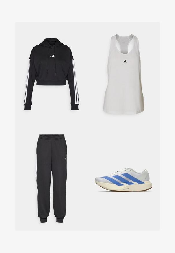 Hoodie court noir avec une poche kangourou à l'avant, des cordons de serrage ajustables et des accents blancs à trois bandes sur les manches. Comprend un logo.; Débardeur de sport blanc en tissu léger avec un dos nageur et un petit logo noir sur la poitrine.; Pantalons de sport noirs avec une taille élastique, des chevilles fuselées et des bandes latérales blanches. Fabriqués en tissu doux avec une texture lisse.; Chaussure de course blanche avec trois bandes bleues, semelle épaisse beige clair marquée "Lightstrike Pro," et lacets blancs sur un fond uni.