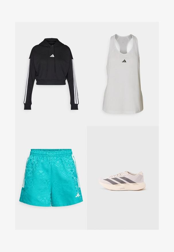 Must tee ülespoole lõigatud kapuutsiga, ees kangaroo tasku, reguleeritavad tõmblukud ja valged kolm riba varrukatel. Omab logo.; Valge sportlik tank-top, mis on valmistatud kergest kangast, millel on jooksjakraega disain ja väike must logo rinna kohal.; adidas Sportswear TIRO - Spordišortsid - pure teal/white; Kerged sporditossud helelilla ja halli toonis, millel on võrguline pealmine osa, kolm tumedat triipu ning paks kreemjas tallaosa, millel on silt "LIGHTSTRIKE PRO".