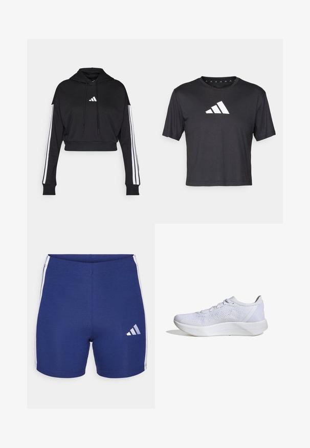 Zwarte cropped hoodie met een voorste kangaroo zak, verstelbare trekkoorden en witte drie-strepen accenten op de mouwen. Bevat een logo.; Zwarte cropped t-shirt van gladde stof, met een witte Adidas-logo op de borst, ronde halslijn en korte mouwen.; Marineblauwe sportshorts gemaakt van rekbaar stof met witte laterale strepen en een reflecterend Adidas-logo op het linkerbeen.; Witte sportieve schoen met een ademend mesh bovenwerk, vetersluiting, gevoerde kraag en een gestructureerde rubberen zool voor grip.