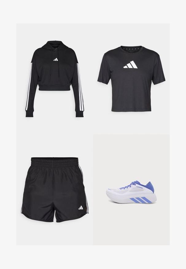 Μαύρο κοντό hoodie με μπροστινή τσέπη καγκουρό, ρυθμιζόμενα κορδόνια και λευκές τρεις ρίγες στα μανίκια. Περιλαμβάνει λογότυπο.; Μαύρο κοντό μπλουζάκι φτιαγμένο από λεία ύλη, διαθέτει λευκό λογότυπο Adidas στο στήθος, στρογγυλή λαιμόκοψη και κοντά μανίκια.; Μαύρα αθλητικά σορτς με ελαστική μέση, πλαϊνές σχισμές και λευκές τρεις ρίγες. Διαθέτει ένα μικρό λευκό λογότυπο στο κάτω δεξί μέρος.; Λευκό και μπλε αθλητικό παπούτσι με χοντρή σόλα, πάνελ από δίχτυ, και τρεις μπλε ρίγες στο πλάι, εμφανίζεται σε προφίλ σε απλό φόντο.