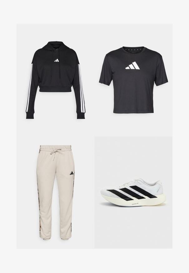Sort cropped hoodie med en frontkangaroo-lomme, justerbare snore og hvide tre-stribe accenter på ærmerne. Har logo.; Sort cropped t-shirt lavet af glat stof, prydet med et hvidt Adidas-logo på brystet, rund halsudskæring og korte ærmer.; Lys beige sweatpants lavet af blødt stof, med en snøre i taljen og sorte sideløbere med et leopardmønster.; Hvid løbesko med sort tre-stribet design på siden og tyk hvid sål mærket "Lightstrike Pro" på ensfarvet baggrund.