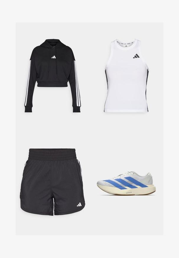 Zwarte cropped hoodie met een voorste kangaroo zak, verstelbare trekkoorden en witte drie-strepen accenten op de mouwen. Bevat een logo.; Witte sportieve tanktop met zwarte zijaccenten en logo. Heeft een ronde halslijn en een getailleerd design, gemaakt van lichtgewicht, ademend materiaal.; Zwarte sportieve shorts met een elastische tailleband, zijzakken en witte streepaccenten aan de zijkanten. Gemaakt van lichtgewicht materiaal.; Witte hardloopschoen met drie blauwe strepen, lichtbeige dikke zool met label "Lightstrike Pro," en witte veters op een effen achtergrond.