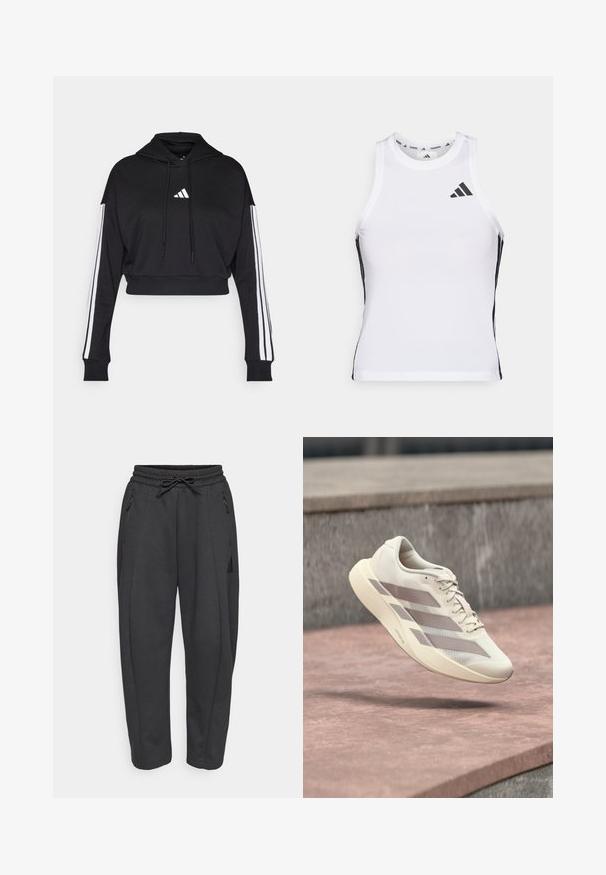 Sudadera corta negra con bolsillo tipo canguro frontal, cordones ajustables y acentos de tres rayas blancas en las mangas. Presenta un logo.; Camiseta deportiva blanca sin mangas con acentos laterales negros y logotipo. Presenta un escote en forma de scoop y un diseño ajustado, fabricada con material ligero y transpirable.; Pantalones deportivos negros con cintura elástica, cordón ajustable, bolsillos con cremallera en los lados y piernas ajustadas. Fabricados con un tejido suave y texturizado.; Zapatilla de correr color crema con rayas topo flotando sobre una superficie de baldosas rojo pardusco y un fondo de piedra gris.