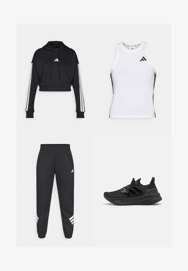 Zwarte cropped hoodie met een voorste kangaroo zak, verstelbare trekkoorden en witte drie-strepen accenten op de mouwen. Bevat een logo.; Witte sportieve tanktop met zwarte zijaccenten en logo. Heeft een ronde halslijn en een getailleerd design, gemaakt van lichtgewicht, ademend materiaal.; Zwarte sweatpants met een elastische tailleband, taps toelopende benen en een wit drie-strepenontwerp aan de zijkanten. Gemaakt van zachte stof.; Zwarte sport schoenen met een ademende gebreide bovenkant, een gestructureerd ontwerp, het kenmerkende drie-strepen logo en een dikke, gevoerde zool gemarkeerd met "LIGHT BOOST."
