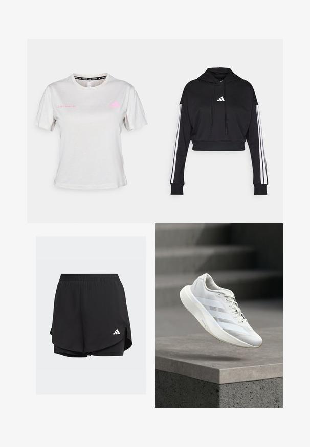 Hoodie court noir avec une poche kangourou à l'avant, des cordons de serrage ajustables et des accents blancs à trois bandes sur les manches. Comprend un logo.; T-shirt gris clair à manches courtes avec un col rond, "ADIDAS RUNNING" imprimé en rose, avec le logo Adidas rose sur la poitrine. Texture de tissu doux.; Shorts de sport noirs avec une taille élastique, un design superposé, des shorts ajustés à l'intérieur et un logo blanc en bas à gauche.; Chaussure de sport blanche avec une tige texturée, trois bandes latérales, une semelle amortie et un bout arrondi, posée au-dessus d'une surface en béton.