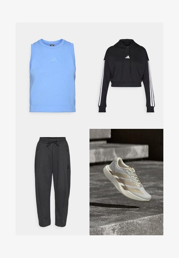 Zwarte cropped hoodie met een voorste kangaroo zak, verstelbare trekkoorden en witte drie-strepen accenten op de mouwen. Bevat een logo.; Blauw mouwloos sporttop gemaakt van zachte, rekbare stof. Heeft een ronde halslijn en een tonale logo aan de voorkant.; Zwarte sportbroeken met een elastische tailleband, trekkoord, zijzakken met rits en taps toelopende benen. Gemaakt van een zachte, gestructureerde stof.; Witte en beige sportschoen met drie zijstrepen, afgebeeld in de lucht boven betonnen trappen.
