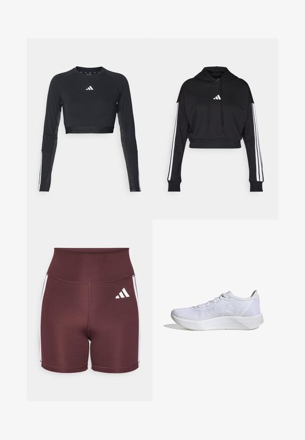 Sort cropped hoodie med en frontkangaroo-lomme, justerbare snore og hvide tre-stribe accenter på ærmerne. Har logo.; Sort cropped træningstop med lange ærmer lavet af glat stof. Har et hvidt logo på brystet og stribede detaljer på ærmerne.; Maroone højtaljede shorts lavet af strækbart materiale, med hvide sidelister og Adidas-logoet i hvidt på forsiden.; Hvide sportssko med en åndbar mesh-overdel, snørebåndsdesign, polstret krave og en struktureret gummisål for bedre greb.