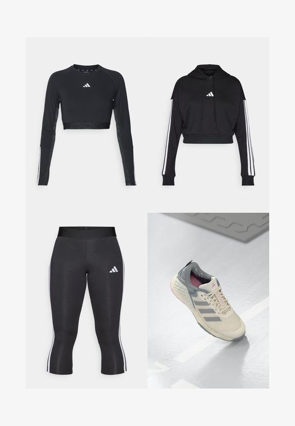 Sort cropped hoodie med en frontkangaroo-lomme, justerbare snore og hvide tre-stribe accenter på ærmerne. Har logo.; Sort cropped træningstop med lange ærmer lavet af glat stof. Har et hvidt logo på brystet og stribede detaljer på ærmerne.; Sorte capri leggings med en bred talje, udstyret med hvide sideløsninger og et hvidt Adidas-logo på venstre lår. Glat tekstur.; Beige sporty sko med grå accenter, netoverdel og en tekstureret sål. Har tre grå striber og rosa indvendige detaljer.