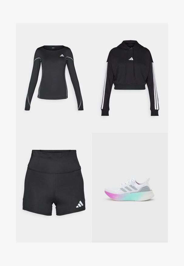 Sudadera corta negra con bolsillo tipo canguro frontal, cordones ajustables y acentos de tres rayas blancas en las mangas. Presenta un logo.; Camisa deportiva de manga larga negra con cuello redondo y costuras reflectantes en plata. Presenta un pequeño logo blanco en la parte superior izquierda.; adidas Performance Leggings - black; Zapatilla de running blanca de Adidas con rayas grises y una suela gruesa que cambia de color de rosa a verde, con texto "Lightboost" y "Ultraboost".