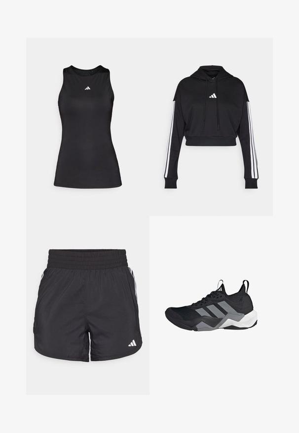 Hoodie court noir avec une poche kangourou à l'avant, des cordons de serrage ajustables et des accents blancs à trois bandes sur les manches. Comprend un logo.; Débardeur de sport noir sans manches en tissu lisse. Il présente un col rond et un petit logo Adidas blanc sur la poitrine.; Shorts de sport noirs avec une taille élastique, des poches latérales et des accents de rayures blanches sur les côtés. Fabriqués en matériau léger.; Chaussure de sport noire avec une tige en maille respirante, des accents gris, une semelle texturée et trois rayures distinctives sur le côté.