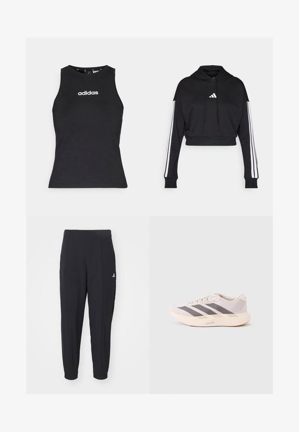 Hoodie court noir avec une poche kangourou à l'avant, des cordons de serrage ajustables et des accents blancs à trois bandes sur les manches. Comprend un logo.; Haut sans manches noir en coton, avec un col rond et le logo "adidas" blanc centré sur la poitrine. Texture lisse, coupe normale.; Pantalons de sport noirs en tissu lisse. Design ajusté avec des poignets élastiques. Présente un petit logo blanc sur la hanche gauche.; Baskets de sport légères en rose pâle et gris, avec une tige en mesh, trois bandes sombres et une semelle épaisse crème portant l'inscription "LIGHTSTRIKE PRO".