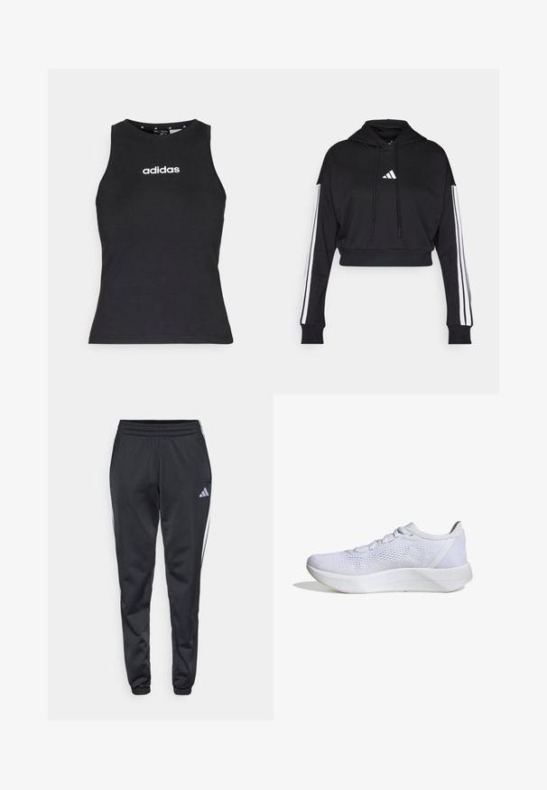 Hoodie court noir avec une poche kangourou à l'avant, des cordons de serrage ajustables et des accents blancs à trois bandes sur les manches. Comprend un logo.; Haut sans manches noir en coton, avec un col rond et le logo "adidas" blanc centré sur la poitrine. Texture lisse, coupe normale.; Pantalons de sport noirs avec une taille élastique, des jambes effilées et des bandes latérales blanches. Présente un petit logo gris en forme de trèfle sur la cuisse gauche.; Baskets blanches avec une tige en mesh respirant, un design à lacets, un col rembourré et une semelle en caoutchouc texturé pour l'adhérence.