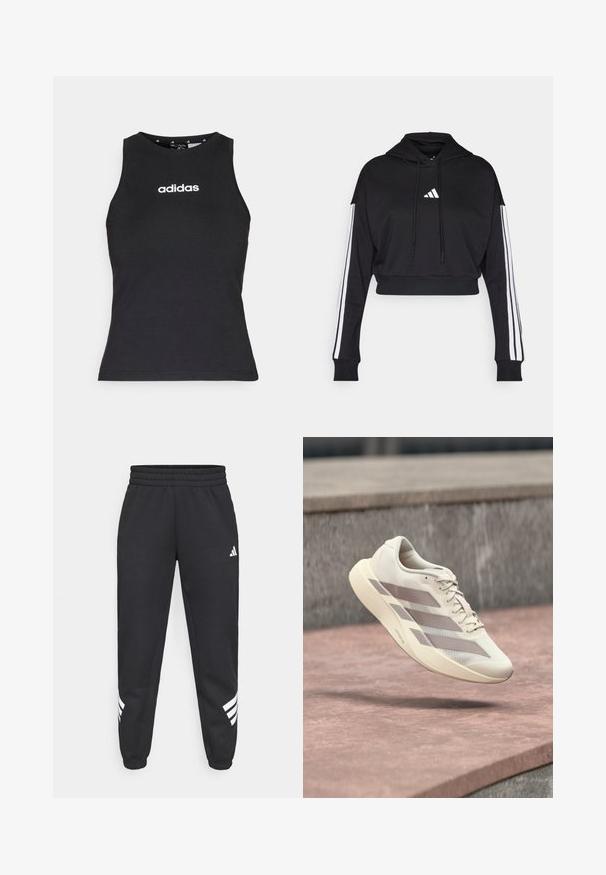 Zwarte cropped hoodie met een voorste kangaroo zak, verstelbare trekkoorden en witte drie-strepen accenten op de mouwen. Bevat een logo.; Zwart mouwloos topje van katoen, met een ronde halslijn en wit "adidas" logo gecentreerd op de borst. Gladde textuur, reguliere pasvorm.; Zwarte sweatpants met een elastische tailleband, taps toelopende benen en een wit drie-strepenontwerp aan de zijkanten. Gemaakt van zachte stof.; Roomkleurige hardloopschoen met taupekleurige strepen, zwevend boven een roodbruine betegelde ondergrond en een grijze stenen achtergrond.