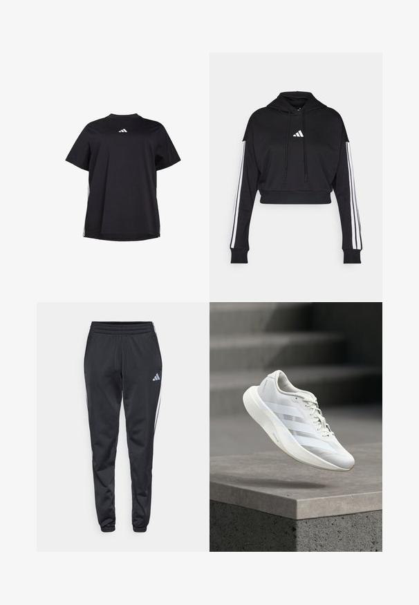 Schwarzer, kurz geschnittener Hoodie mit einer vorderen Kängurutasche, verstellbaren Kordelzügen und weißen Drei-Streifen-Akzenten an den Ärmeln. Mit Logo.; Schwarzes T-Shirt mit kurzen Ärmeln aus weichem Stoff, ausgestattet mit einem weißen horizontalen Akzent an den Seiten und einem weißen Logo auf der Brust.; Schwarze Sporthose mit einem elastischen Bund, schmal zulaufendem Bein und weißen Seitenstreifen. Auf der linken Oberschenkel befindet sich ein kleines graues Trefoil-Logo.; Weißer Sportschuh mit strukturiertem Obermaterial, drei seitlichen Streifen, gepolsterter Sohle und abgerundetem Zehenbereich, positioniert über einer Betonfläche.