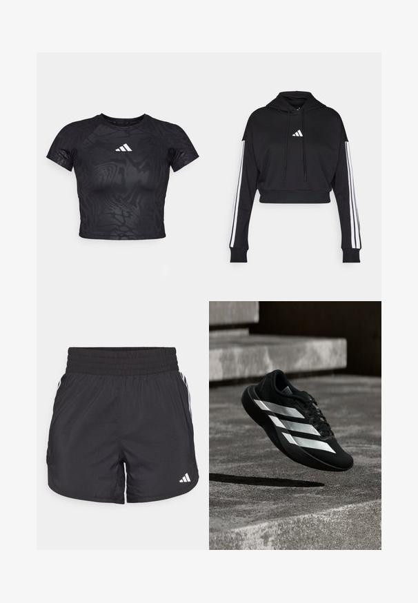 Sort cropped hoodie med en frontkangaroo-lomme, justerbare snore og hvide tre-stribe accenter på ærmerne. Har logo.; Sort cropped atletisk t-shirt med et struktureret mønster, korte ærmer og et hvidt logo på brystet. Materialet ser glat og fleksibelt ud.; Sorte atletiske shorts med elastisk talje, sidelommer og hvid stribeaccent på siderne. Fremstillet af letvægtsmateriale.; Sort løbesko med tre hvide striber, der svæver over betontrin og kaster en skygge nedenunder.