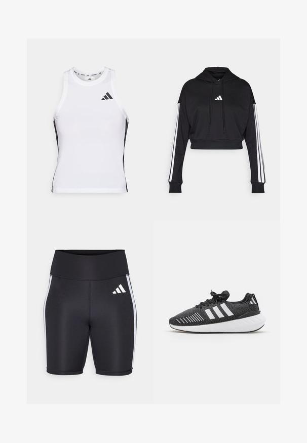 Μαύρο κοντό hoodie με μπροστινή τσέπη καγκουρό, ρυθμιζόμενα κορδόνια και λευκές τρεις ρίγες στα μανίκια. Περιλαμβάνει λογότυπο.; Λευκό αθλητικό αμάνικο μπλουζάκι με μαύρες πλαϊνές λεπτομέρειες και λογότυπο. Διαθέτει στρογγυλή λαιμόκοψη και εφαρμοστή γραμμή, κατασκευασμένο από ελαφρύ και αερόβιο υλικό.; Μαύρο αθλητικό σορτς με ψηλή μέση, λευκές ρίγες στο πλάι και ένα μικρό λευκό λογότυπο. Απαλή ύφανση με εφαρμοστό σχέδιο.; Μαύρα αθλητικά παπούτσια με υφή στην επάνω πλευρά, λευκό σχέδιο τριών λωρίδων, καουτσούκ σόλα και αντίθεση σε λευκό χρώμα στη φτέρνα.