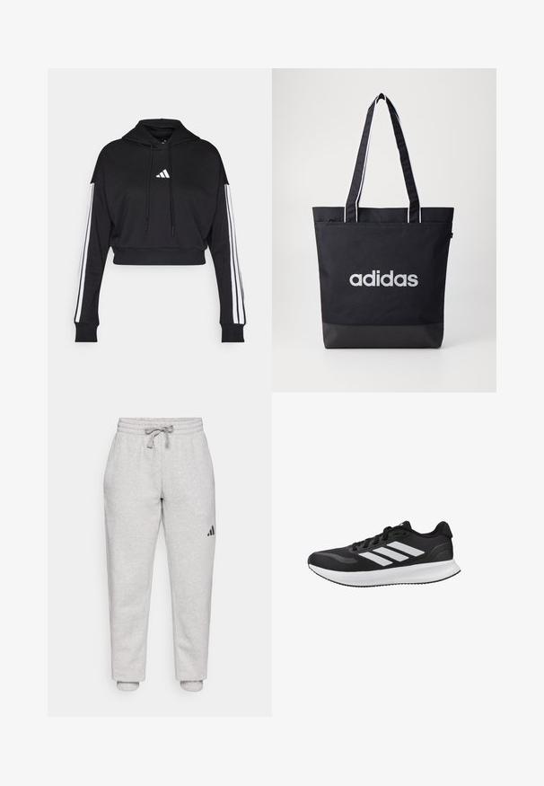 Sudadera corta negra con bolsillo tipo canguro frontal, cordones ajustables y acentos de tres rayas blancas en las mangas. Presenta un logo.; Pantalones de chándal gris claro con cintura elástica y cordón. Tobillos ajustados. Detalle de logo negro en la pierna izquierda. Material de algodón suave.; Zapatilla de running negra con suela blanca y tres rayas blancas en el lateral, vista de perfil contra un fondo blanco.; Bolsa de tote negra con el logo "adidas" en gris, hecha de un tejido duradero, con dos correas para el hombro y un panel inferior negro en contraste.