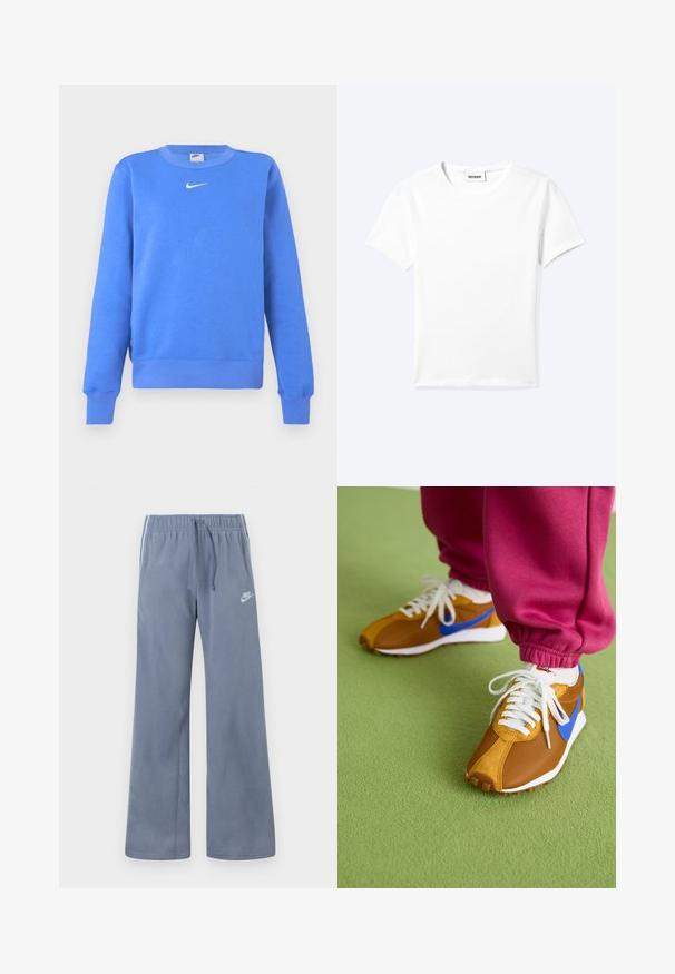 Blå sweatshirt lavet af bomuldsblanding med ribstrikket rund halsudskæring, lange ærmer og en hvid Nike-logo på brystet.; Ensfarvet hvid t-shirt med korte ærmer og rund halsudskæring med en lille "WEEKDAY" label indeni halskanten, vist fladt på en lys baggrund.; Lysblå fleece Nike træningsbukser med elastisk talje, snor, vide ben og hvidt logo på venstre lår.; Brune og blå sneakers med en blanding af mesh og ruskindsmaterialer, prydet med hvide snørebånd og en tekstureret brun sål, placeret på grønne gulve.