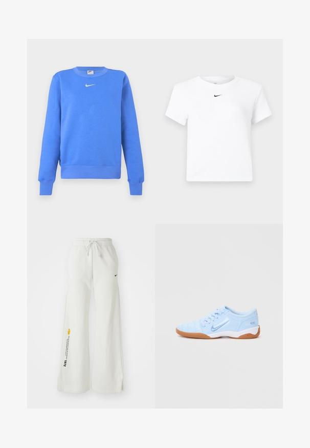 Sudadera azul de mezcla de algodón, con cuello redondo acanalado, mangas largas y un logo de Nike blanco en el pecho.; Camiseta corta de manga corta blanca de Nike con un pequeño logo negro de Nike Swoosh centrado justo debajo del escote.; Pantalones de chándal blancos y de pierna ancha con cintura elástica, cordón, aberturas laterales, logo negro de Nike y texto gráfico en amarillo contrastante.; Zapatilla deportiva azul claro con un upper sintético suave, acentos texturizados y una suela de goma. Presenta un logo en el lateral.