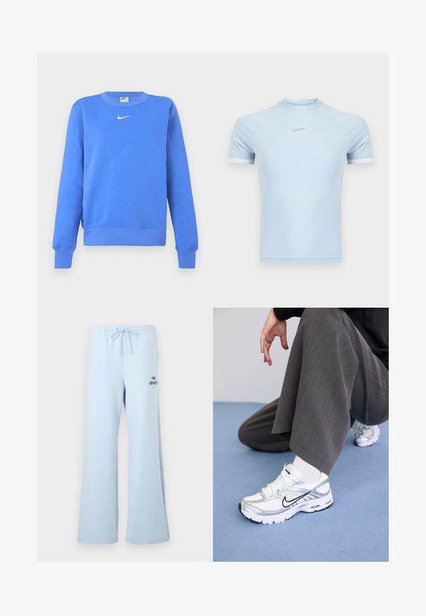 Blå sweatshirt lavet af bomuldsblanding med ribstrikket rund halsudskæring, lange ærmer og en hvid Nike-logo på brystet.; Lyseblå atletisk t-shirt med korte ærmer lavet af glat stof. Har rund halsudskæring og subtilt Nike-logo på brystet med hvide detaljer.; Lyseblå joggingbukser med afslappet pasform, snøre i taljen og "nike athletics"-logo i en mørkere blå på forsiden af benet. Blød stoftekstur.; Hvide og sølv atletik sko med meshej og syntetiske materialer, der har sorte accentlinjer, snørebånd og strukturerede såler.