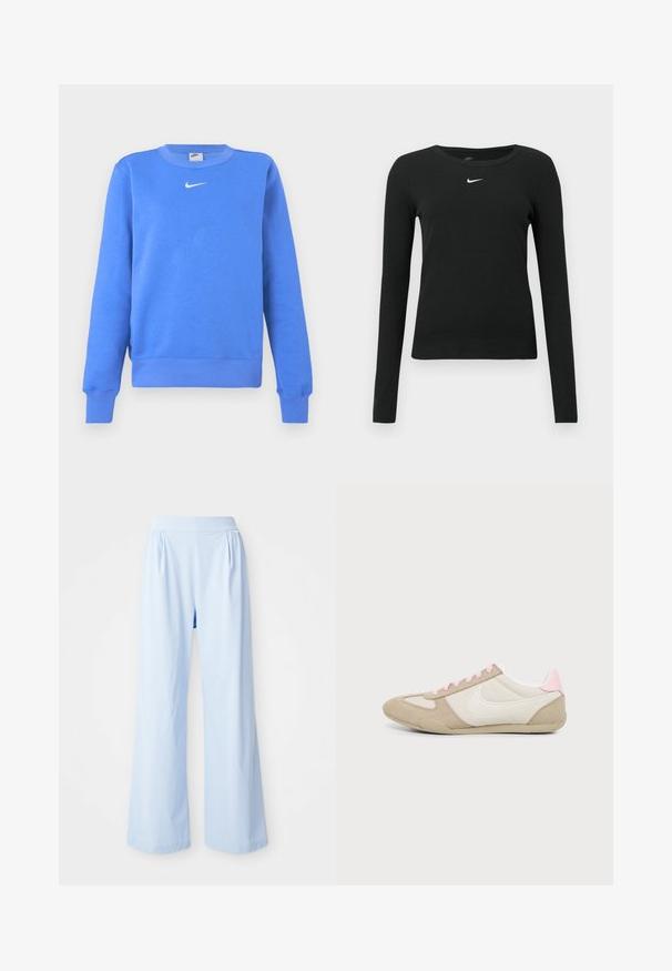 Blå sweatshirt lavet af bomuldsblanding med ribstrikket rund halsudskæring, lange ærmer og en hvid Nike-logo på brystet.; Sort, langærmet tætsiddende top lavet af ribbet stof, med rund halsudskæring og et diskret hvidt Nike-logo på brystet.; Lyseblå bredbenede bukser med en glat tekstur, elastisk talje og plisserede detaljer på fronten. Fremstillet af et blødt stof.; Lavprofileret beige og hvid sneaker med pink accenter og snørebånd, med stor hvid swoosh-logo på siden.
