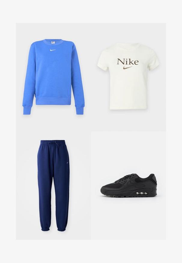 Blå sweatshirt lavet af bomuldsblanding med ribstrikket rund halsudskæring, lange ærmer og en hvid Nike-logo på brystet.; Hvid kortærmet cropped t-shirt med brun "Nike" tekst og et leopardmønstret Nike swoosh logo på brystet.; Mørkeblå sweatpants lavet af blødt stof, med elastisk talje med snøre, elastiske manchetter og et lille hvidt logo.; Sort atletisk sneakers med en glat læder- og mesh-overdel, rund tå, teksturerede detaljer og en synlig luftenhed i sålen.