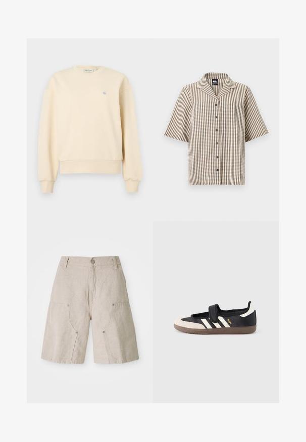 Kremfarvet sweatshirt med rund halsudskæring, ribstrikkede manchetter og kant, med en lille blå logo på venstre bryst. Blød stoftekstur.; Kortærmet skjorte med knapper, beige, brun og hvid ternet mønster og en spredt krave.; Beige linnedshorts med en afslappet pasform, der har to forlommer og cirkulære metaldetaljer. Afslappet design med en tekstureret overflade.; Sort og beige sko med velcrolukning, tre hvide striber på siden og en tekstureret brun gummisål. Mærkelogo er synligt.