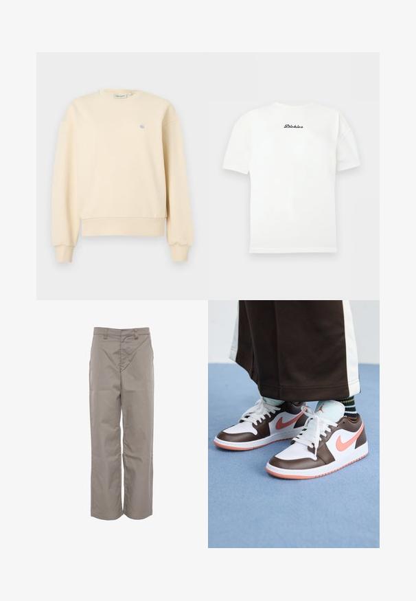 Sweat-shirt couleur crème avec un col rond, des poignets et un ourlet côtelés, arborant un petit logo bleu sur le côté gauche de la poitrine. Texture de tissu douce.; T-shirt blanc à manches courtes et col rond avec petit logo noir "Dickies" centré sur la poitrine.; Pantalons kaki en mélange de coton, avec une coupe droite, un devant plat et une texture lisse, dotés de deux poches avant.; Baskets Nike Air Jordan blanches et brunes avec des accents roses, présentant un design basse, des lacets blancs et une semelle en caoutchouc texturée.