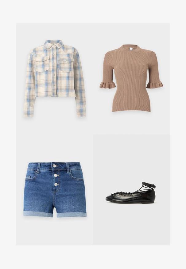 Haut en maille côtelée beige avec manches courtes se terminant par des poignets volantés et un col rond.; Chemise courte boutonnée avec manches longues et poches à rabat sur la poitrine, présentant un motif à carreaux beige, bleu et marron clair.; Shorts en denim bleu avec trois boutons métalliques, ourlets roulés, passants pour ceinture et poches avant sur un fond blanc uni.; Ballerines en cuir verni noir avec un bout rond, un design à lacets et une semelle plate. Texture lisse avec peu de détails.