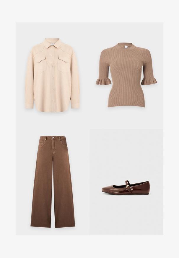 Haut en maille côtelée beige avec manches courtes se terminant par des poignets volantés et un col rond.; Chemise beige clair à manches longues avec col, fermeture à boutons et deux poches poitrine à rabat, présentée sur un fond clair uni.; Jean en denim marron à jambes larges avec taille haute, fermeture à boutons et fermeture éclair sur le devant, et design à cinq poches.; Ballerine en cuir verni marron avec un bout carré et une lanière ornée d'une petite boucle dorée. Texture lisse, talon bas et design minimaliste.