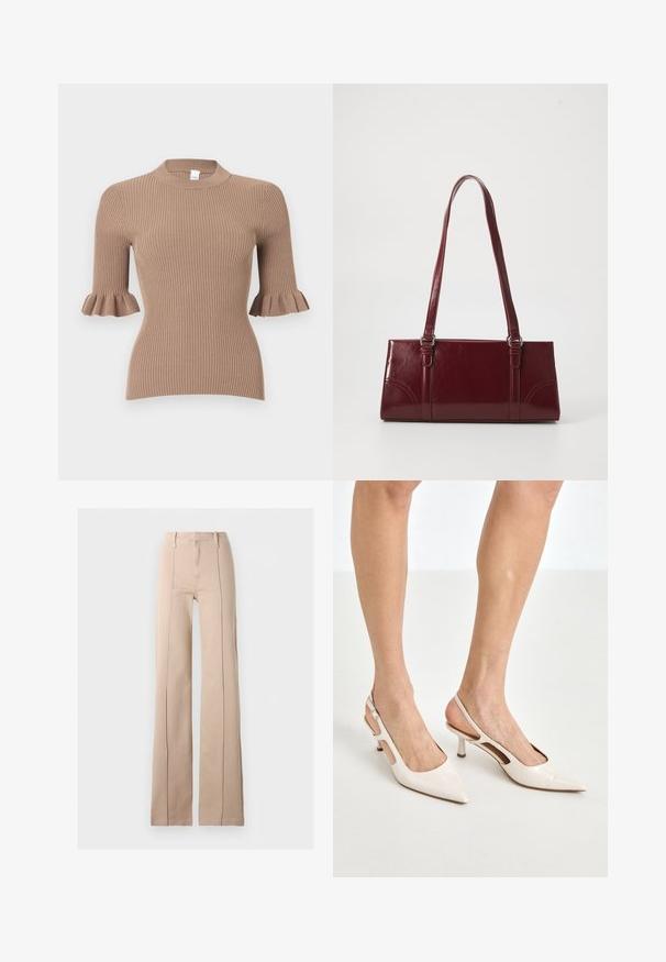 Beige geribd gebreide top met korte mouwen die eindigen in gerimpelde manchetten en een ronde halslijn.; Beige wijde broek met hoge taille, voornaden, riemlussen en een rits aan de voorkant, tegen een effen achtergrond.; Beige gepatineerde leren slingback hakken met een spitze neus en een hak van 5 cm, met uitsparingen aan de zijkanten en een dunne enkelband.; Bourgondische handtas van glanzend materiaal, rechthoekige vorm, met twee schouderbanden en subtiele gebogen accenten aan de voorkant.