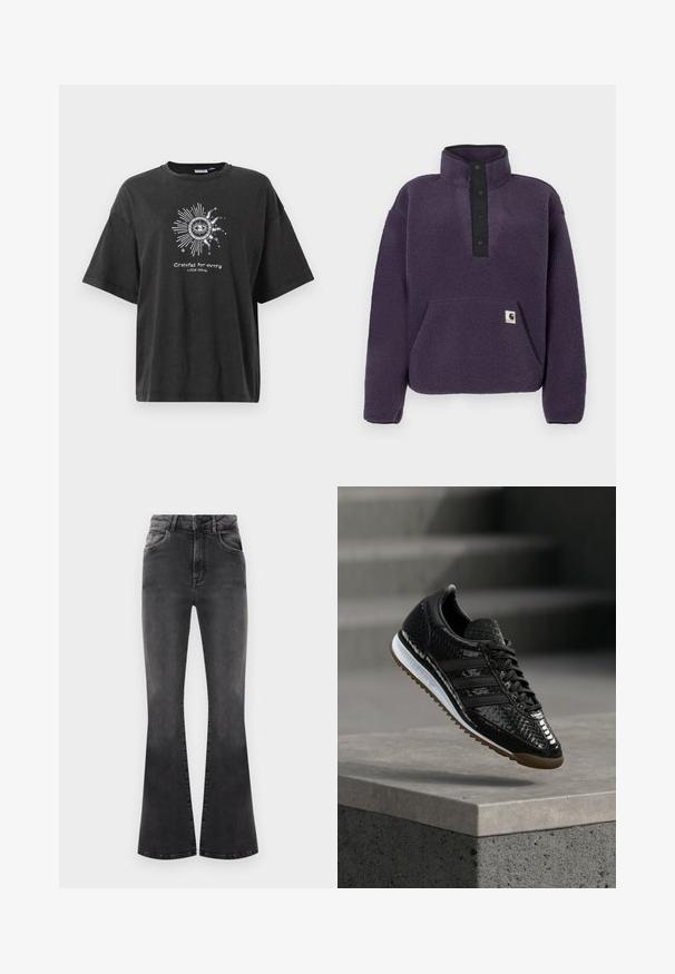 Lila Fleece-Pullover mit schwarzen Druckknöpfen, hohem Kragen, vorderer Kängurutasche und kleinem Markenlogo-Tag auf der Tasche.; Schwarzes T-Shirt mit kurzen Ärmeln und rundem Ausschnitt. Verziert mit einem weißen Grafikdesign einer Sonne und dem Text "Dankbar für jedes kleine Ding." Aus weichem Stoff.; Schwarze ausgestellte Jeans mit hoher Taille, Nähdetails und fünf Taschen. Der Stoff hat eine glatte Textur mit einem verwitterten Finish.; Schwarzer glänzender Sneaker mit strukturiertem Muster, schwarzen Schnürsenkeln, weißer Zwischensohle und brauner Außensohle, präsentiert über einer Betonkante.