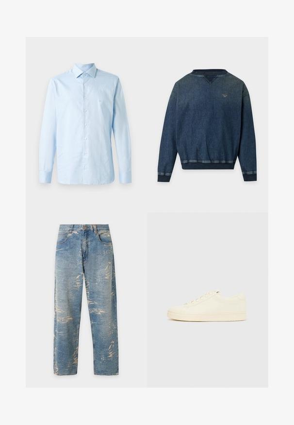 Donkerblauwe denim sweater met lange mouwen, geribde manchetten, zoom en kraag en een klein geborduurd logo op de linkerborst.; Lichtblauw langemouw overhemd van katoen. Voorzien van een button-down kraag, centrale knoopsluiting en een subtiele logo-accent op de borst.; Lichtblauwe rechtvallende spijkerbroek met een hoge taille en vervaagde, versleten details over de hele stof.; Slofkleurige sneaker met een glad leren bovenwerk, ronde neus, vetersluiting en een geribbelde rubberen zool. Minimalistisch ontwerp, zonder logo's.