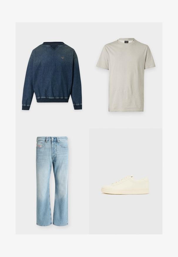 Sweat-shirt en denim bleu foncé à manches longues avec poignets, ourlet et col en côte, et petit logo brodé sur la poitrine gauche.; T-shirt gris clair à manches courtes avec une texture en nid d'abeille et un col rond. Étiquette visible au niveau du col.; Jean en denim bleu clair avec cinq poches et une coupe droite, présenté sur un fond blanc uni.; Baskets couleur crème avec une tige en cuir lisse, bout arrondi, laçage à l'avant et semelle en caoutchouc texturée. Design minimaliste, sans logo.