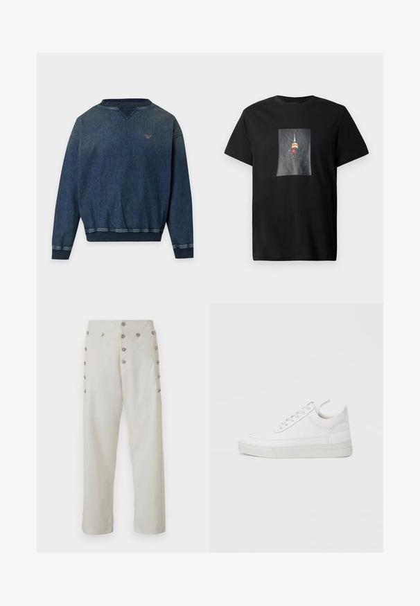 Dunkelblaue Denim-Langarm-Sweatshirt mit gerippten Bündchen, Saum, Kragen und kleinem gesticktem Logo auf der linken Brust.; Schwarzes Baumwoll-T-Shirt mit einem gedruckten Bild des Empire State Buildings bei Nacht, das bunte Lichter und eine detaillierte Stadtlandschaft hervorhebt.; Cremfarbene Hose mit geradem Schnitt, die dekorative silberfarbene Knopfdetails an beiden Seiten sowie eine glatte Stoffstruktur bietet.; Weißer Ledersneaker mit abgerundetem Zehenbereich, flacher Sohle und Schnürverschluss. Verfügt über Nahtdetails und einen gepolsterten Kragen für zusätzlichen Komfort.